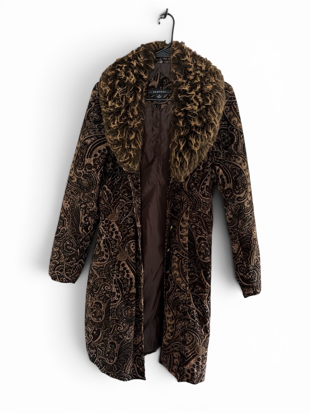 Rampage Brown Paisley Trench Coat with Faux Fur Collar